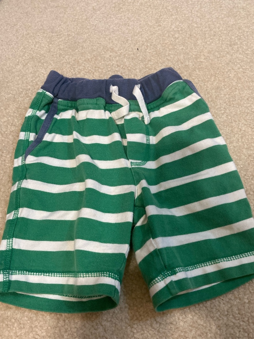 Mini Boden Green & White Striped Knit Shorts with Navy Waistband